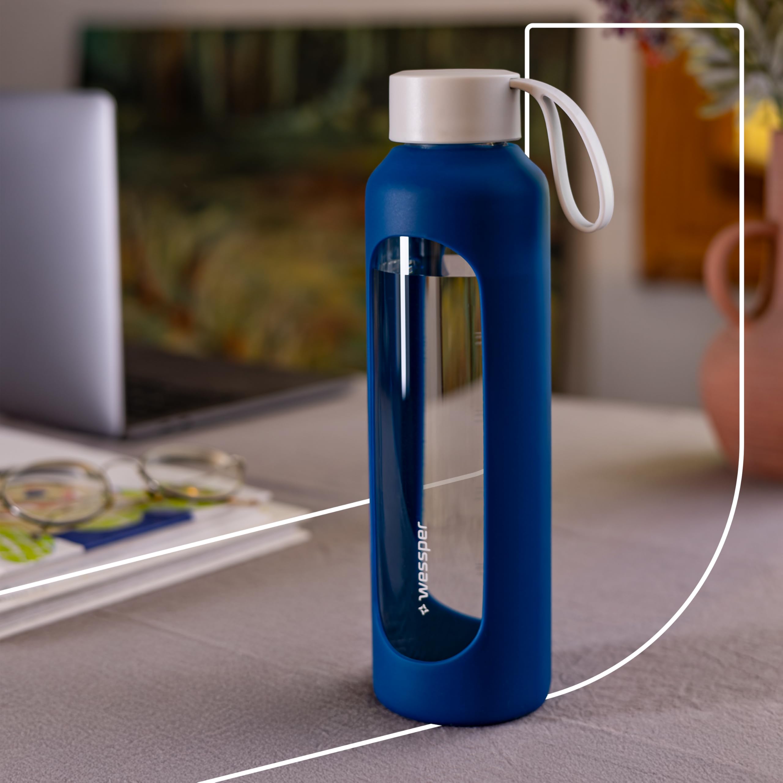 Wessper Borraccia 500 ml, bottiglia motivazionale con scala di idratazione, borraccia in vetro borosilicato con custodia in silicone, materiale sicuro senza BPA – Blu
