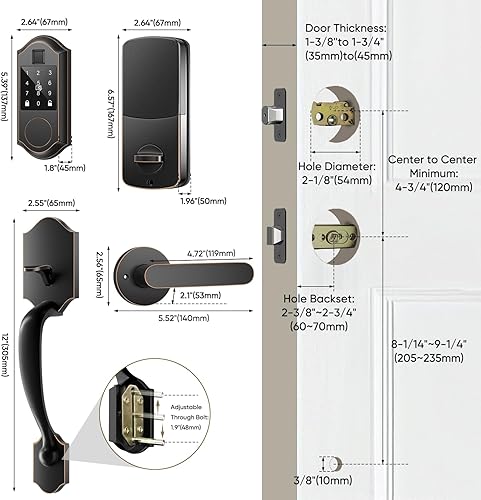 Miniatura 8 de Juego de cerraduras inteligentes de huellas dactilares, cerradura de puerta de entrada sin llave con asa, cerraduras de puerta inteligentes, manija