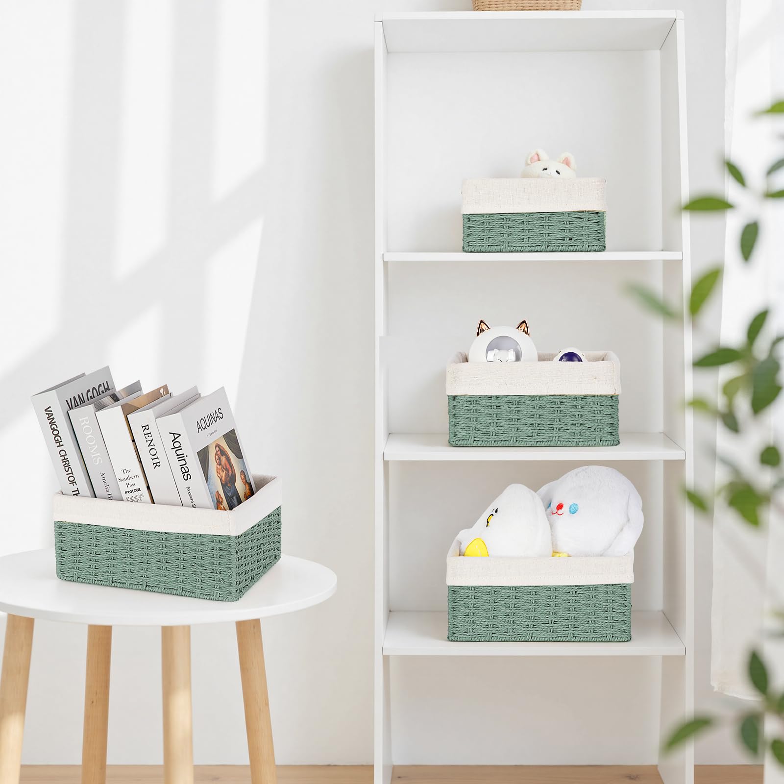 Cestini Portaoggetti, Set di 4 Cestino porta Giocattoli Cestino da Bagno Cesto Vimini Piccolo Bambini Cesto in Corda di Carta, per Camerette, Bagno, Cassetti, Cucine, Soggiorno (Verde)
