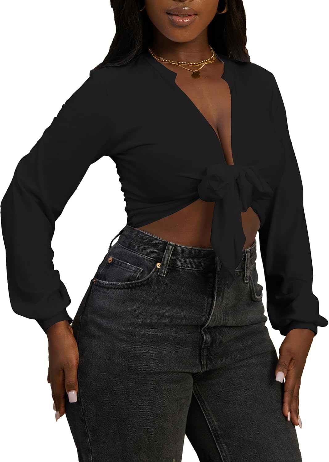 LovelyWholesale Women Tie Front Tops Sexy Cropped Long Sleeve Deep V Neck Shirt Clubwear - Image 5