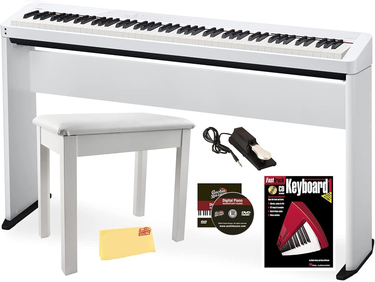 Piano digital Casio Privia PX-S1100 - Paquete blanco con soporte para muebles CS-68, banco, pedal de sostenido, libro de piano, lecciones de piano en línea, DVD instructivo de Austin Bazaar y paño de pulido