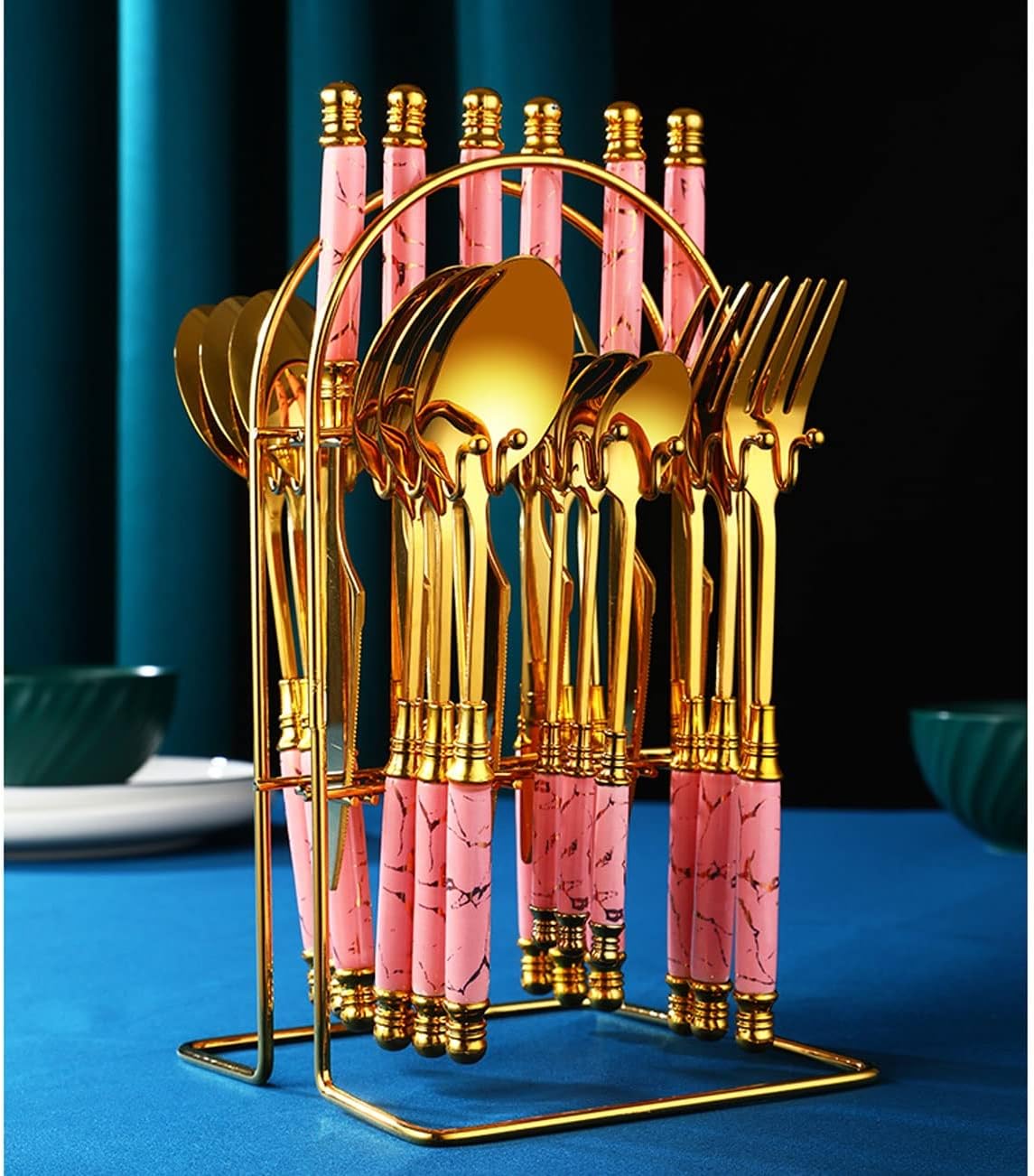24-Piece Silverware Set with Holder, Stainless Steel Tableware Cutlery Set with Ceramic Handle, Polished Cutlery Set Ideal for Holiday Dinners, Party Serving (Pink)