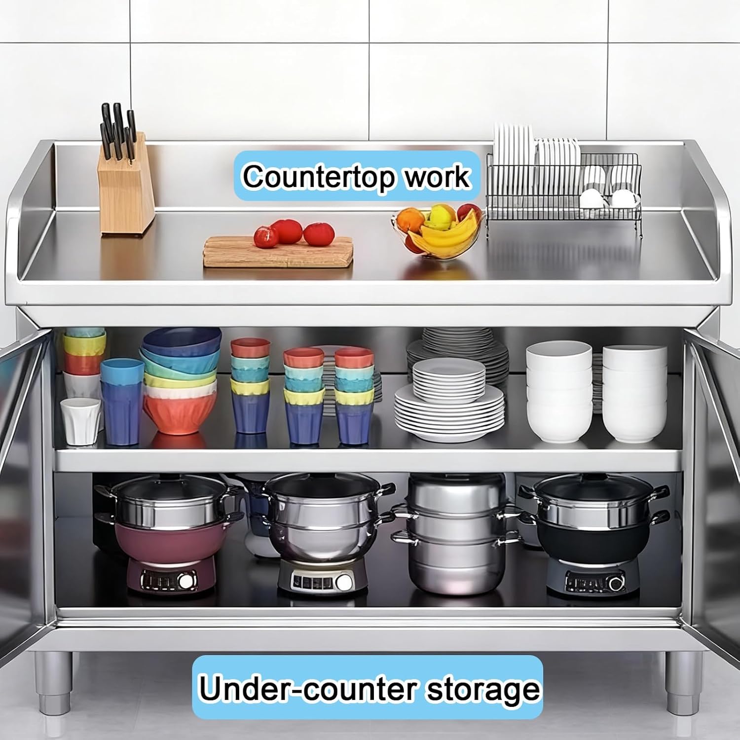 Stainless Steel Table 3-Sided Backsplash Kitchen Work Tables Commercial Storage Cabinet Built-in Door Handles Adjustable Feet Generous Capacitility Heavy-Duty Construction High Load