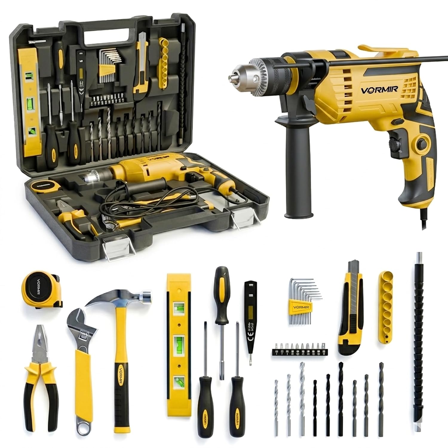 IBELL VORMIR TD13-120 650W Professional Tool Kit with Impact Drill– 13mm Chuck, Copper Armature, 2800 RPM, 145-Piece Yello...