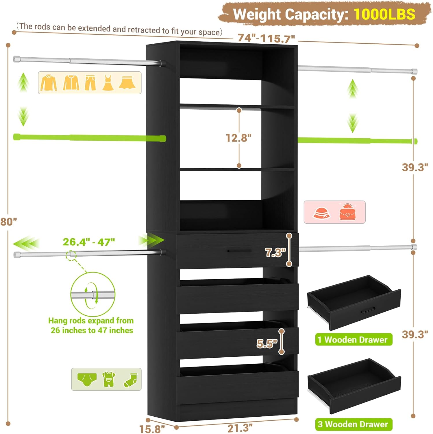 Diagram showing dimensions and expandable rod range of the closet system