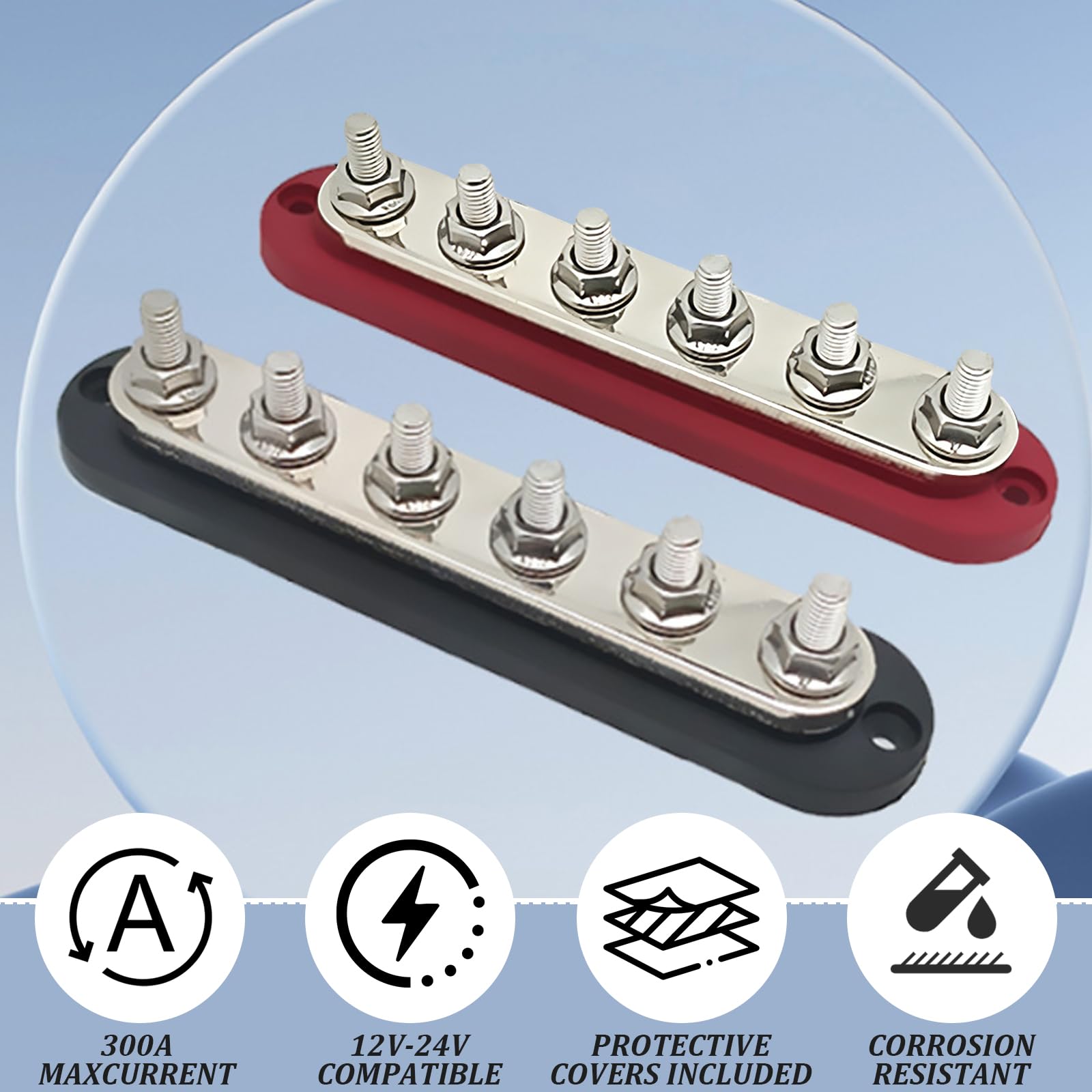 2 Stück 300A Batterie-Sammelschiene 12V-24V Sammelschiene Verteilerblock Stromverteilungsblock Kupfer Busbar mit 6xM8 Bolzen Klemmleisten Busbars für Auto Marine RV Wohnmobil Lkw Elektrik