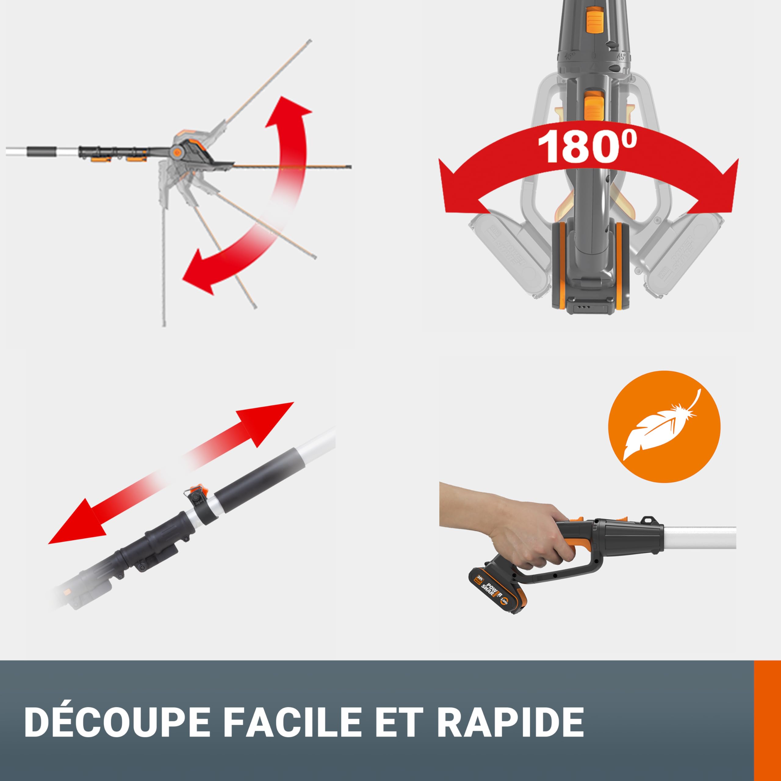 WORX Taille-Haies sans Fil sur perche 20V WG252E.9, Lame de 45 cm, écartement de 16 mm, manche télescopique, Léger et Ergonomique, Poignée Arrière Souple et Rotative, Livré sans Batterie ni Chargeur
