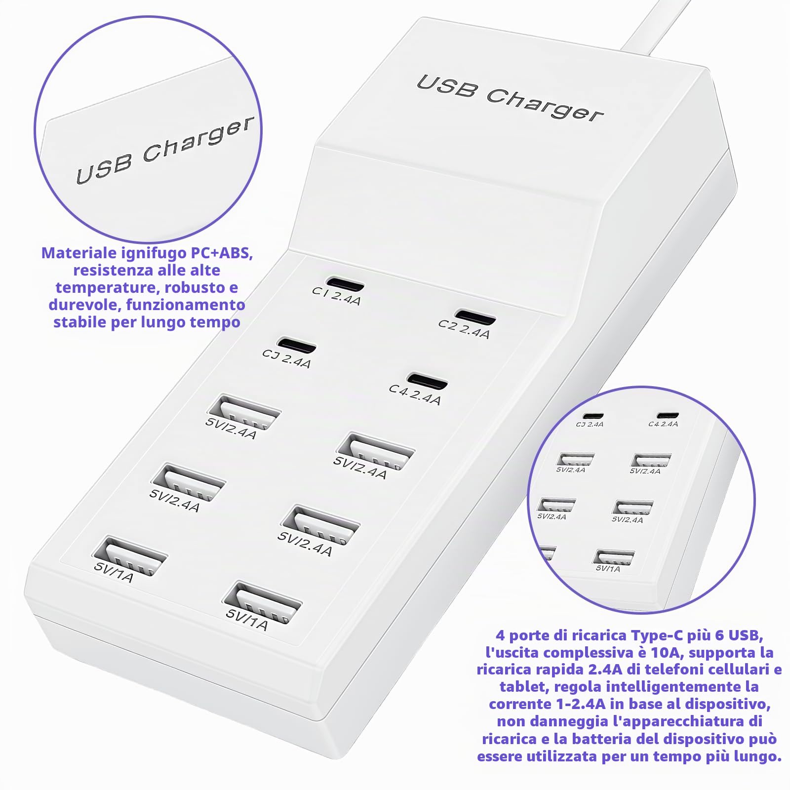 WIYETY Caricatore USB A 10 Porte 50W – Ricarica Rapida Intelligente Con Rilevamento Automatico, Per Smartphone, Tablet E Laptop