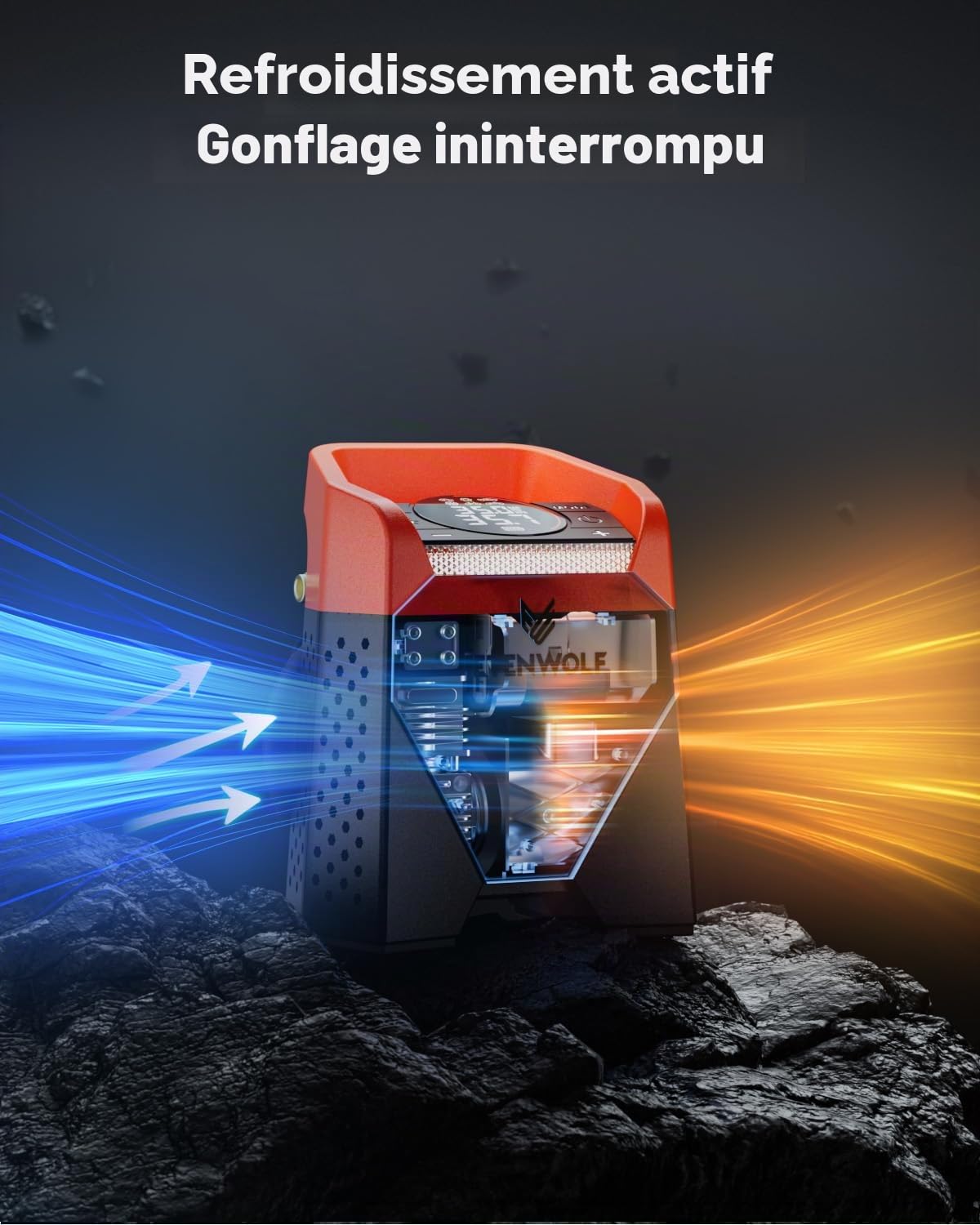 ETENWOLF Zephyr S5 Gonfleur de pneu portable robuste 160 PSI et 15600 mAh Pompe à air sans fil avec lumière LED pour pneus de voiture, vélo, moto, balles, micros (orange vif)