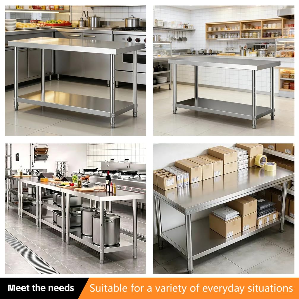 Tavolo da Lavoro in Acciaio Inox con Ripiani A 3 Livelli, Tavolo Centrale, Tavolo da Preparazione per Cucine Commerciali, Banco da Lavoro per Cucina, Garage, Ristorante,120x60x80cm