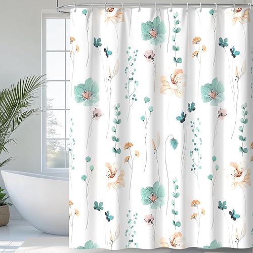 QiyI Watercolor Floral Shower Curtain, Flowers Print Minimalist Bathroom Curtain, Machine Washable Spring Modern Shower Curtains, Waterproof Fabric Shower Curtain Set with Hooks, 72 x 72, Teal