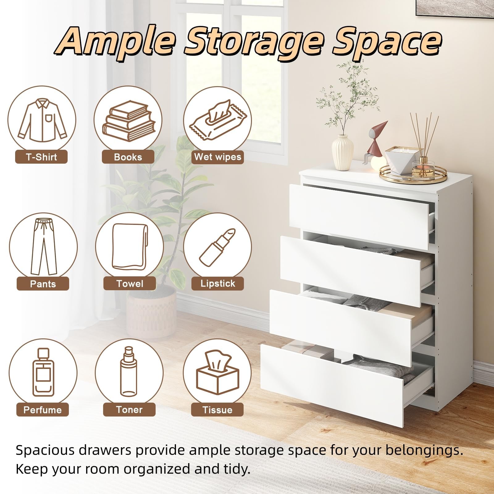 Kommode mit 4 Schubladen,Sideboard,Nachttisch,Beistelltisch,Modern Schmale Komode Weiß MDF Holz für Schlafzimmer Wohnzimmer Kinderzimmer Flur Badezimmer und Büro,60 x 40 x 98 cm