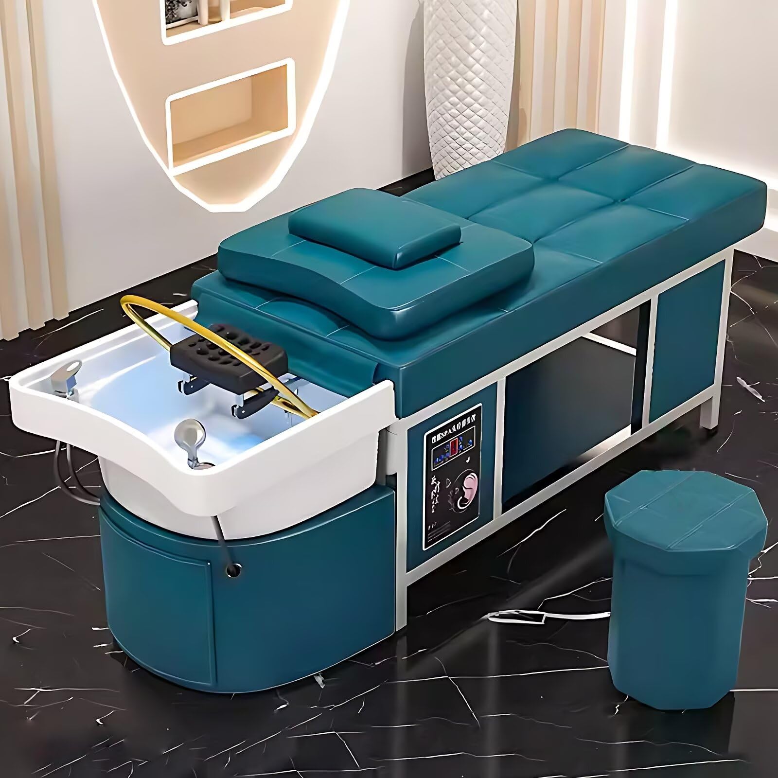 Stół do masażu do salonu fryzjerskiego, konstrukcja ze stali nierdzewnej, czysty czarny design, wielofunkcyjny sprzęt do spa na głowę i stół do pielęgnacji twarzy z zagłówkiem do masażu