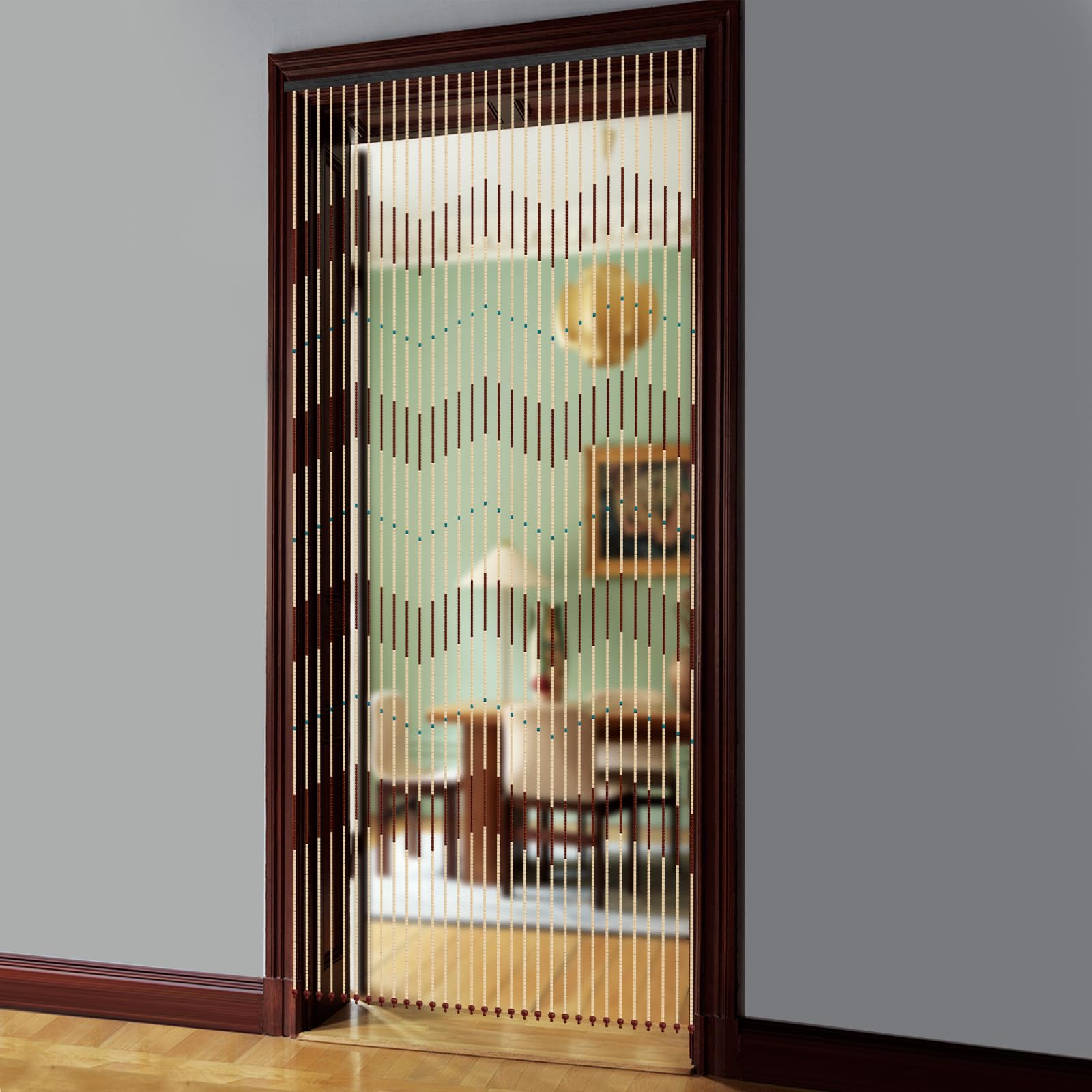 Rideau de porte à perles 90 x 220 cm - Moderne - Avec motif ondulé - Perles en bois - Décoration - En bambou - Pour salon, balcon, patio