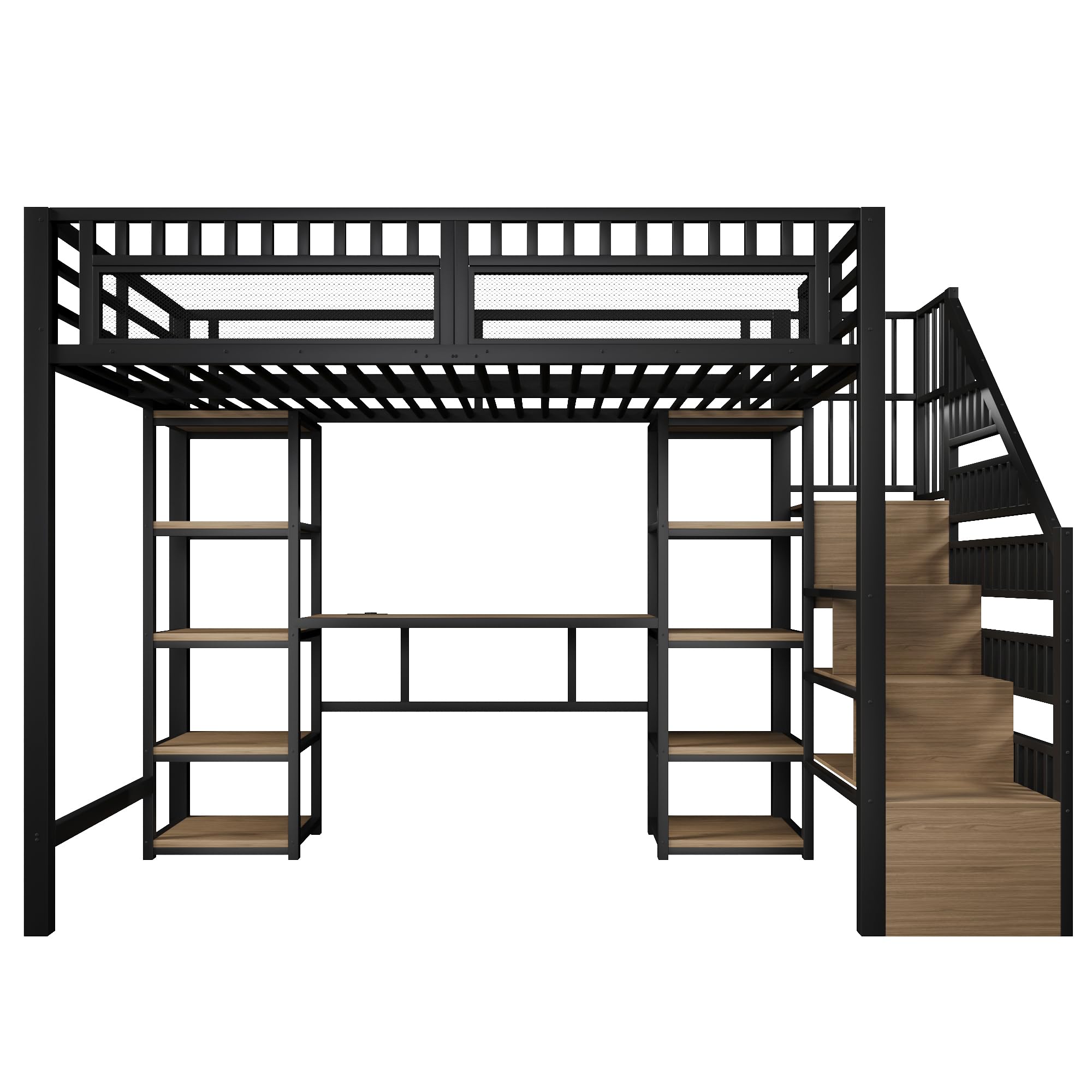 Dolamaní Hochbett 140 x 200 cm Metalbett mit Schreibtisch und Treppe, Bett 140x200 mit stauraum, LED-Lichtleiste & USB-Anschluss, Metalbett Jugendbett Kinderbett, ohne Matratze (schwarz B)