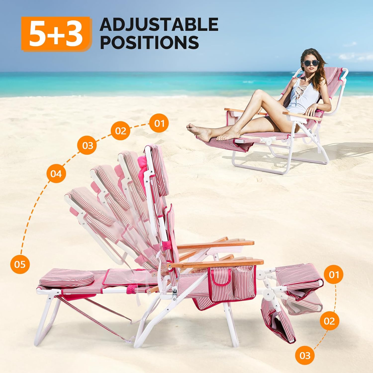 Bonnlo Deluxe 3-in-1 Beach Chair,Tanning Chair with Face Hole,Sunbathing Lounge Chair Outdoor,Adjustable Footrest,Cup Holder and Storage Pocket,Beach Lounge for Beach Pool Patio-Pink