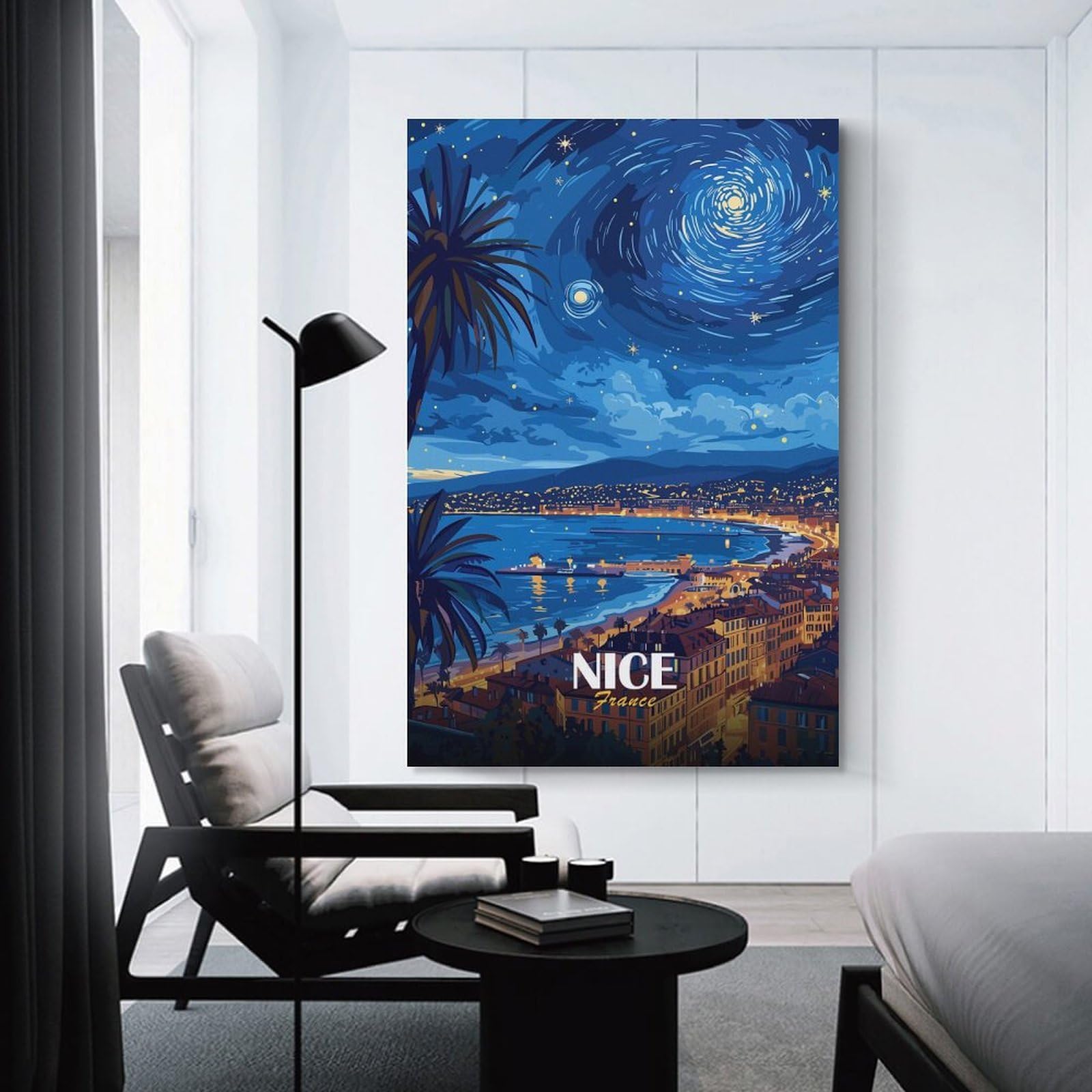 Junmoney Nice, France Starry Night Cityscape Decorative Wall Artwork 12x18inch(30x45cm), for Living Room, Bedroom, Office Or Hallway, Decorative Artwork with Broad Appeal