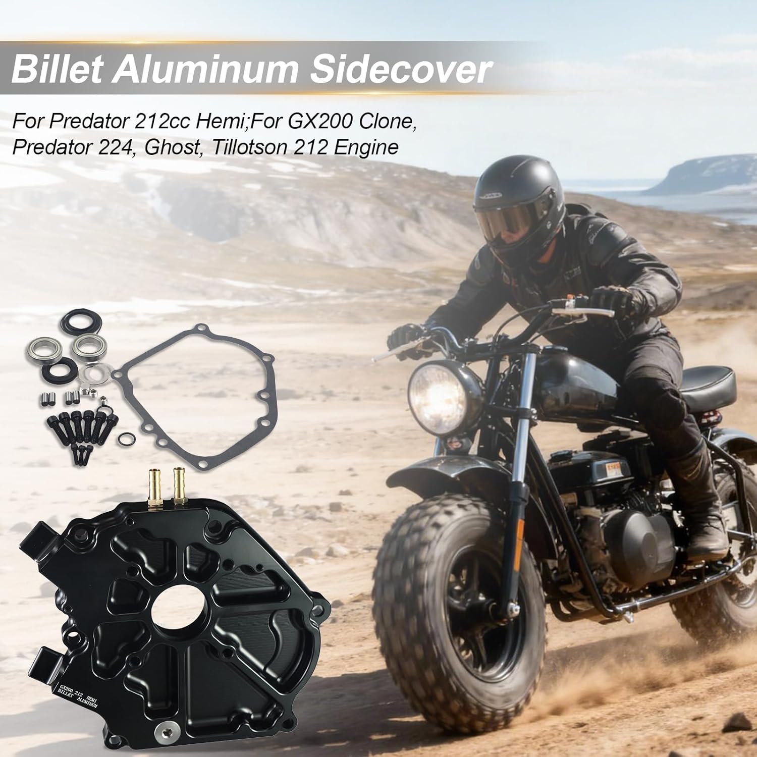 Dual Bearing Billet Crankcase Side cover For GX200/Clone 196 Predator Hemi, Ghost, Tillotson 212 and 224 Engine Black