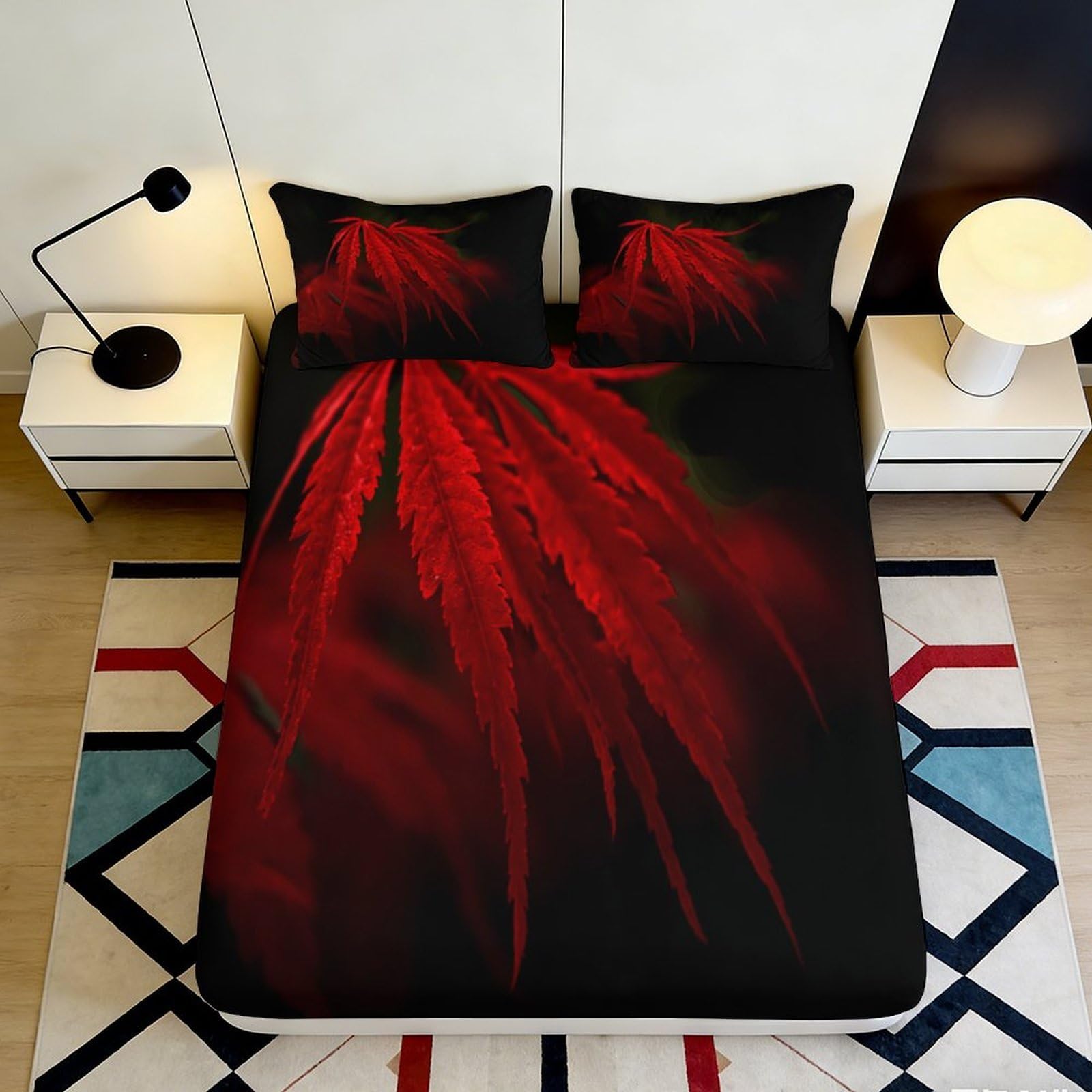 3D Printed Red Maple Leaf Fitted Sheet Microfiber Elegant Bedroom Decor Autumn Leaves Bed Cover for Mattress Protection 90x200x25cm