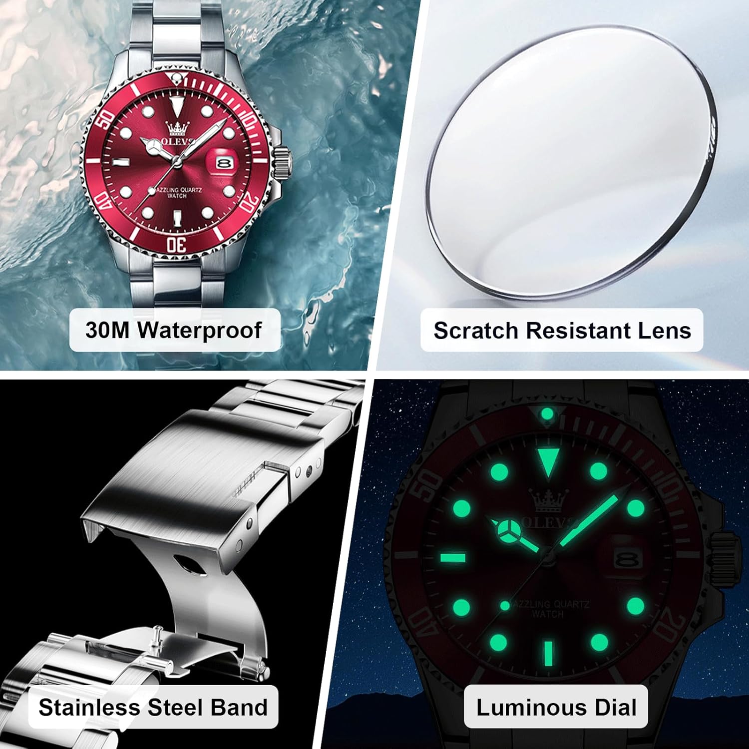 Collage showing watch features: 30M waterproof, scratch resistant lens, stainless steel band, luminous dial
