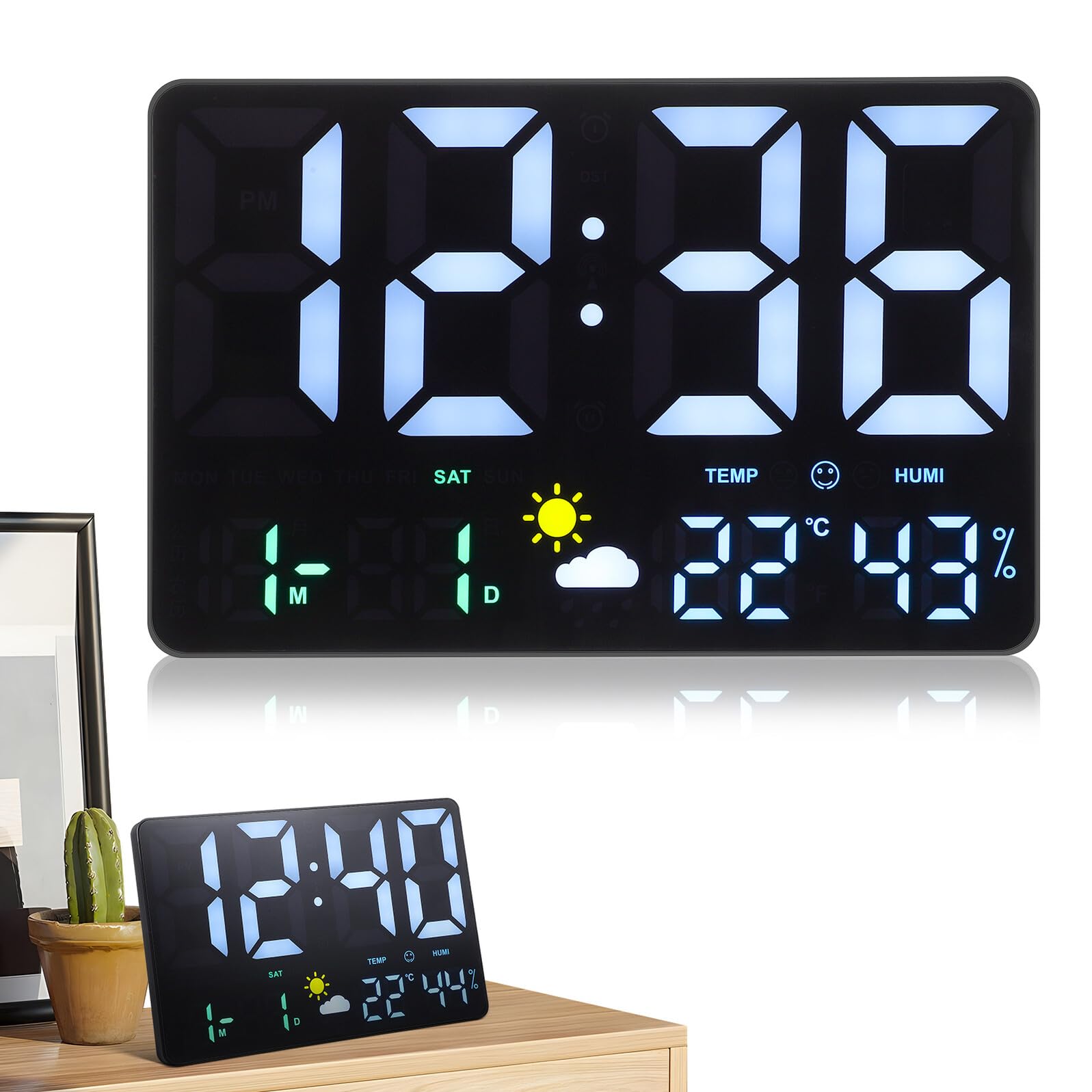 HOMSFOU Digitale Wanduhr LED Großformat mit Temperatur- und Luftfeuchtesensor Wetterstation Farbige Anzeige für Wohnzimmer Büro Wecker Kalender Countdown