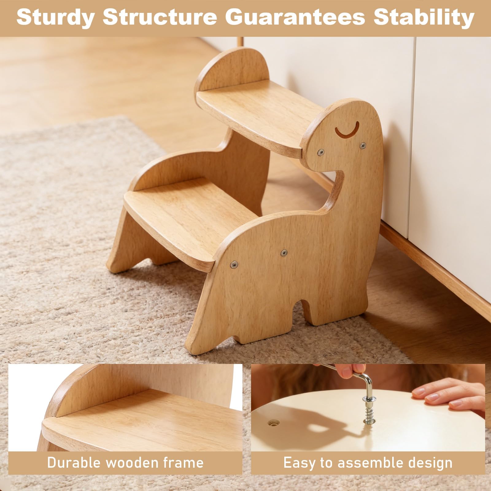Tritthocker für Kinder, Gegen Wand Schrank Dinosaur Baby Tritthocker, 2 Stufe, Holz Holzhocker für Kinder Möbel, Lernturm Montessori für Küche Badezimmer Schlafzimmer Kinderzimmer WC