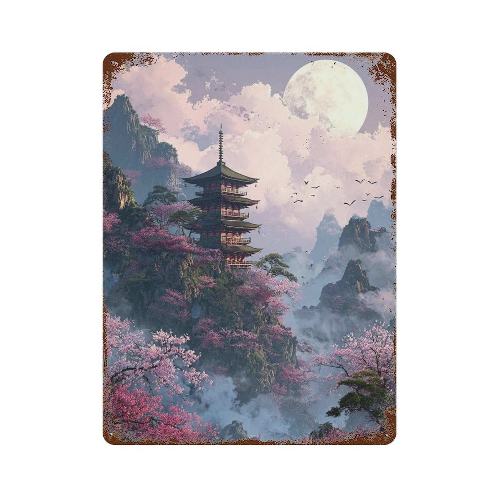 Cherry Blossom Pagoda Moonlit Landscape Vintage Rust Metal Sign 15.7"x11.8", Ideal for Cafe, Home Bar And Lounge Decor