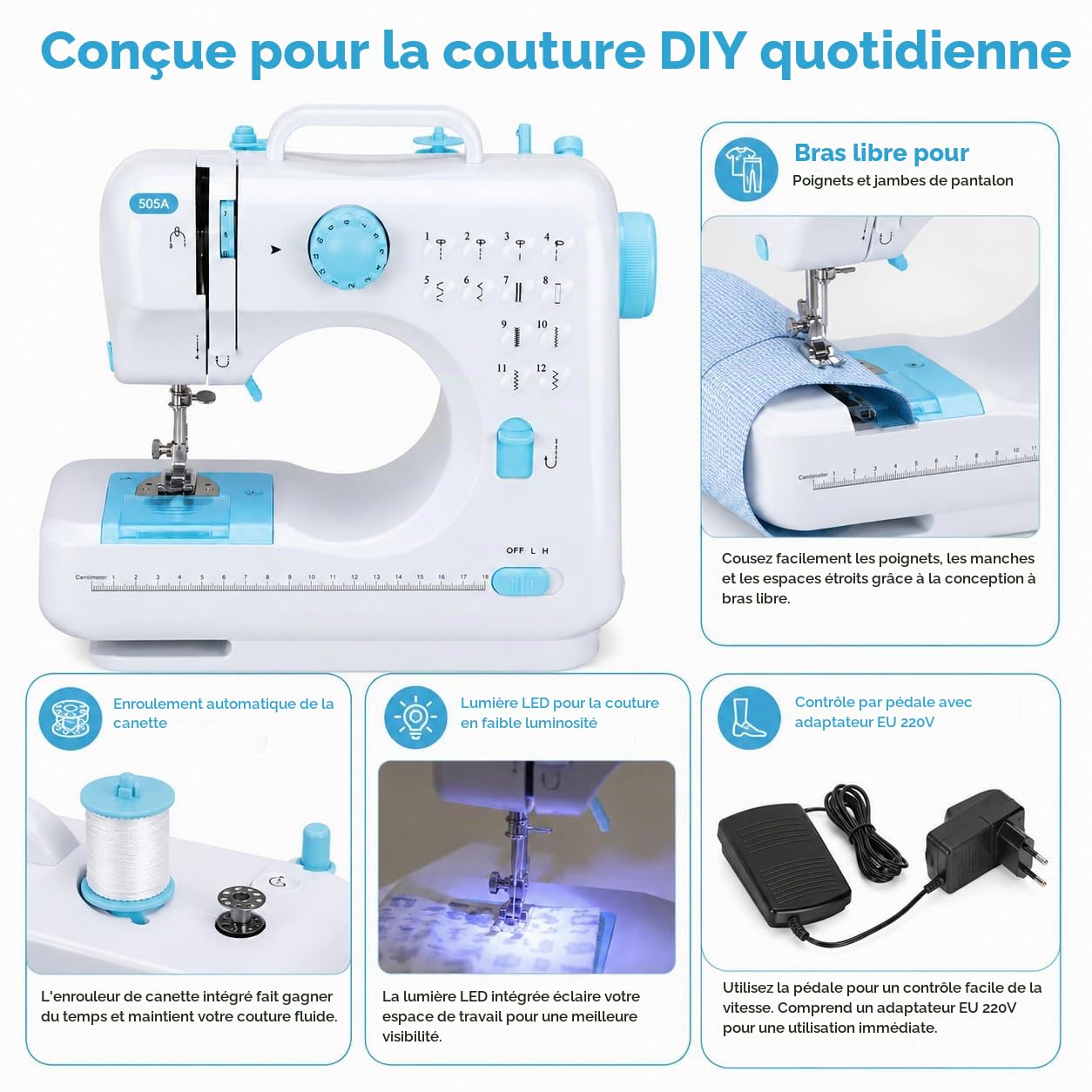 505 Machine à Coudre Électrique Avec 12 Programmes et Pédale, Facile à Utiliser et Pratique, Mini Portable Électrique Machine a Coudre a Main pour Vêtements Tissus Voyage à Domicile(Blu)