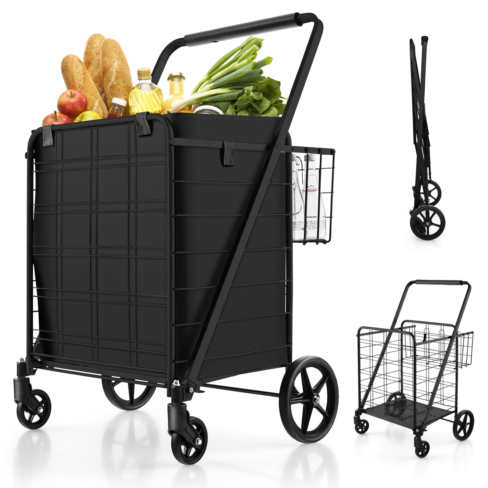 COSTWAY Einkaufstrolley Klappbar, Einkaufswagen auf Rollen mit Abnehmbarer Oxford-Tasche & 2 Körben, Handwagen 150kg belastbar, Rollwagen Allzweckwagen für Wäsche Einkaufen Gepäck(Schwarz)