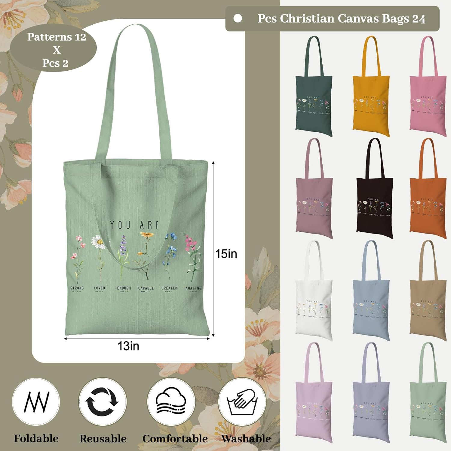 24 Pack Christian Tote Bag for Women God Says You Are Gifts Reusable Canvas Tote with Inner Zipper Pocket Bible Gift Bags for Church Group Appreciation Favors Bulk