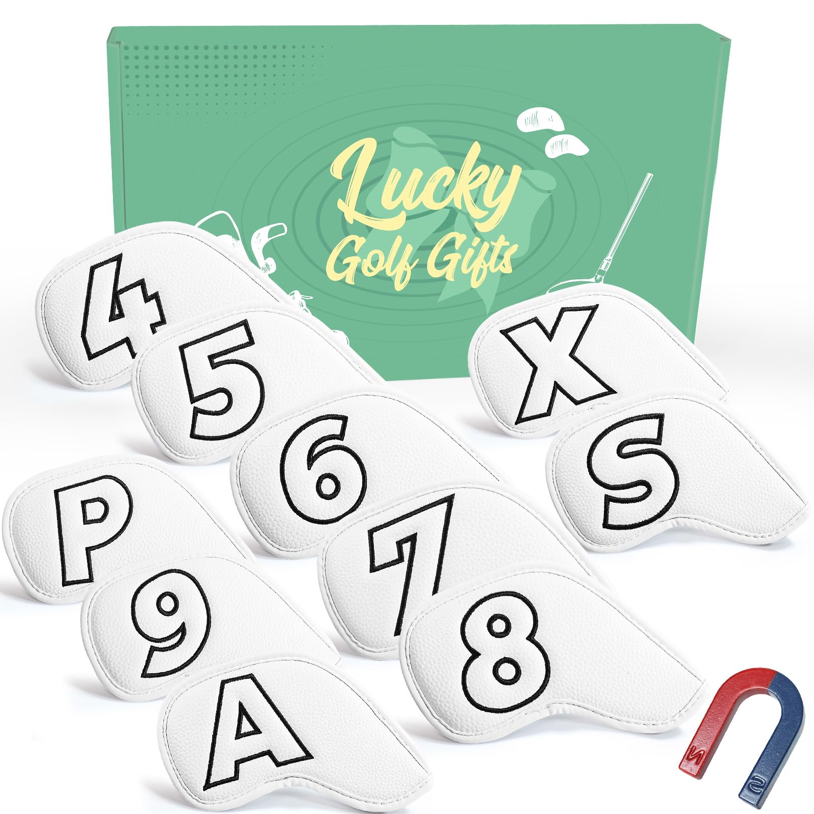 Golf Iron Headcovers Synthetic Leather Magnetic Closure 10 Pcs, Golf Club Head Covers Double Side Number Lightweight Protection, Fit All Brands Available Set for Sport Outdoor (White)