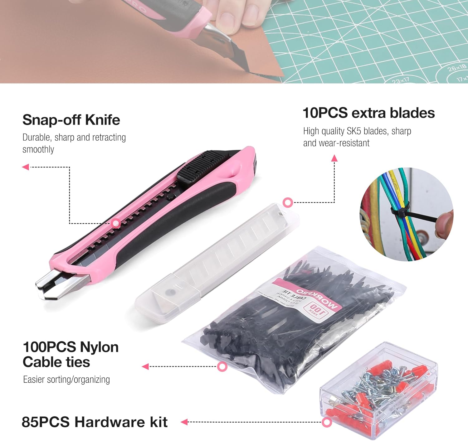 Snap-off knife, extra blades, cable ties, and hardware kit from the WORKPRO tool set.