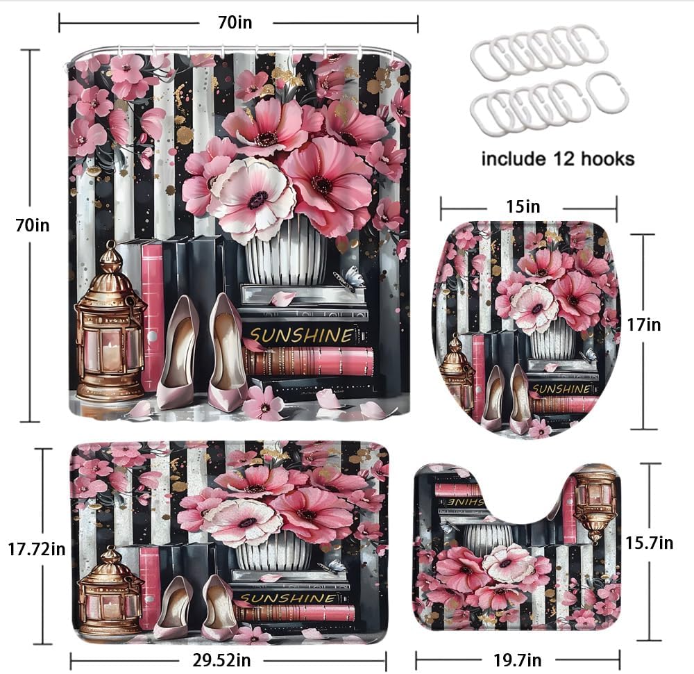 4 Piece Fashion Lady Shower Curtain Set with Rugs, Toilet Lid Cover ,Vintage Modern Magazine Books Pink Floral Bottle Flower Vase Sexy High Heels Black White Striped Bathroom Shower Curtain with Hooks