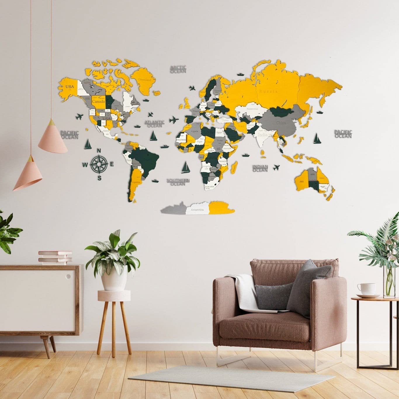 Wooden World Map 3D Art Large Wall Decor - Size (M & L & XL) Any Occasion Gift Idea - Wall Art For Home & Kitchen or Office (SIZE XL, SUN)