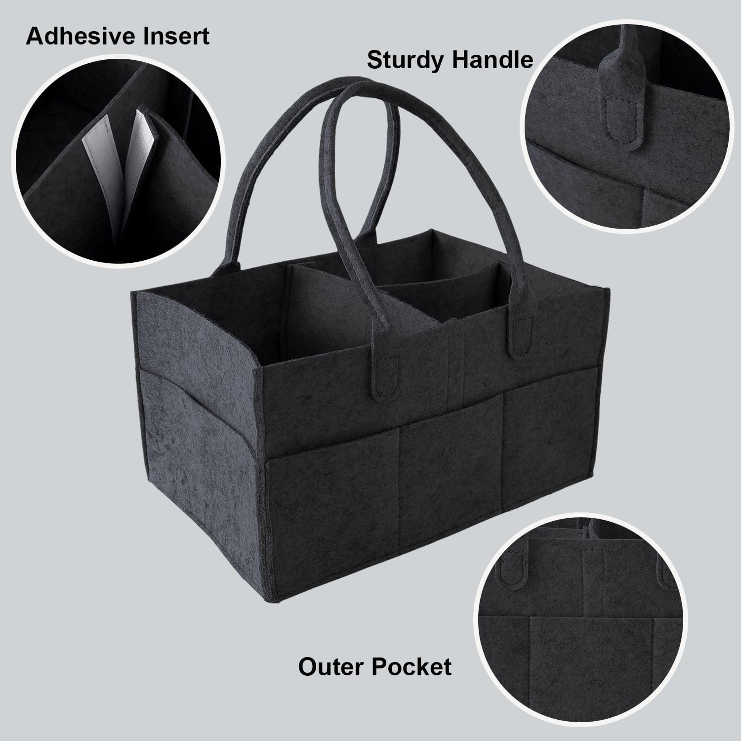 KESI ORNAMENTS Baby Diaper Caddy Organiser, Diaper Bag, Organiser, Portable Diaper Organiser, Felt Organiser with Removable Divider, for Car, Bedroom, Travel and Changing Table Storage Bin(Black) - Image 7 thumbnail