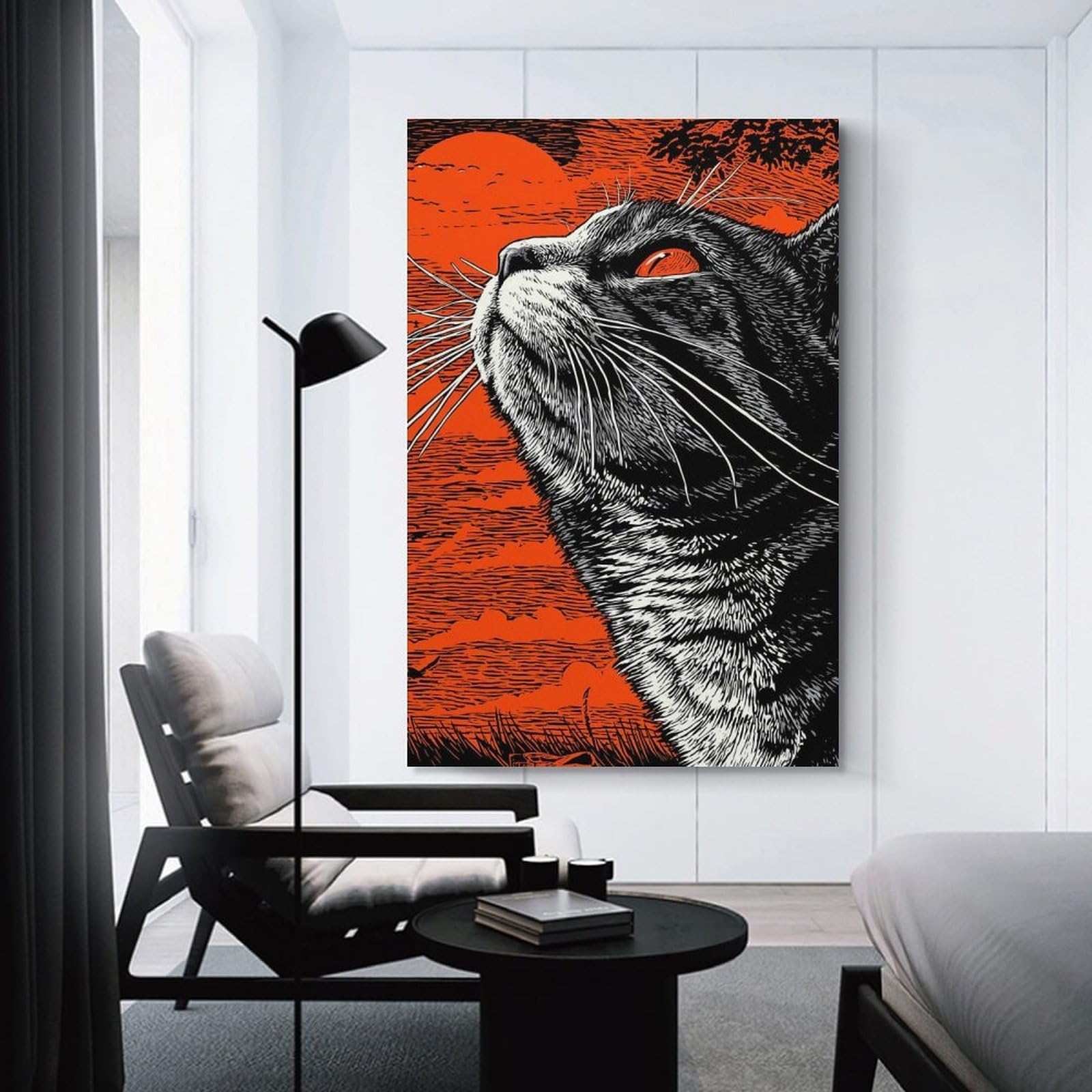 Junmoney Cat Gazing at The Orange Sky Decorative Wall Artwork 20x30inch(50x75cm), for Home Lounge, Bedroom Or Reading Nook, Easy Decor for Gallery Walls