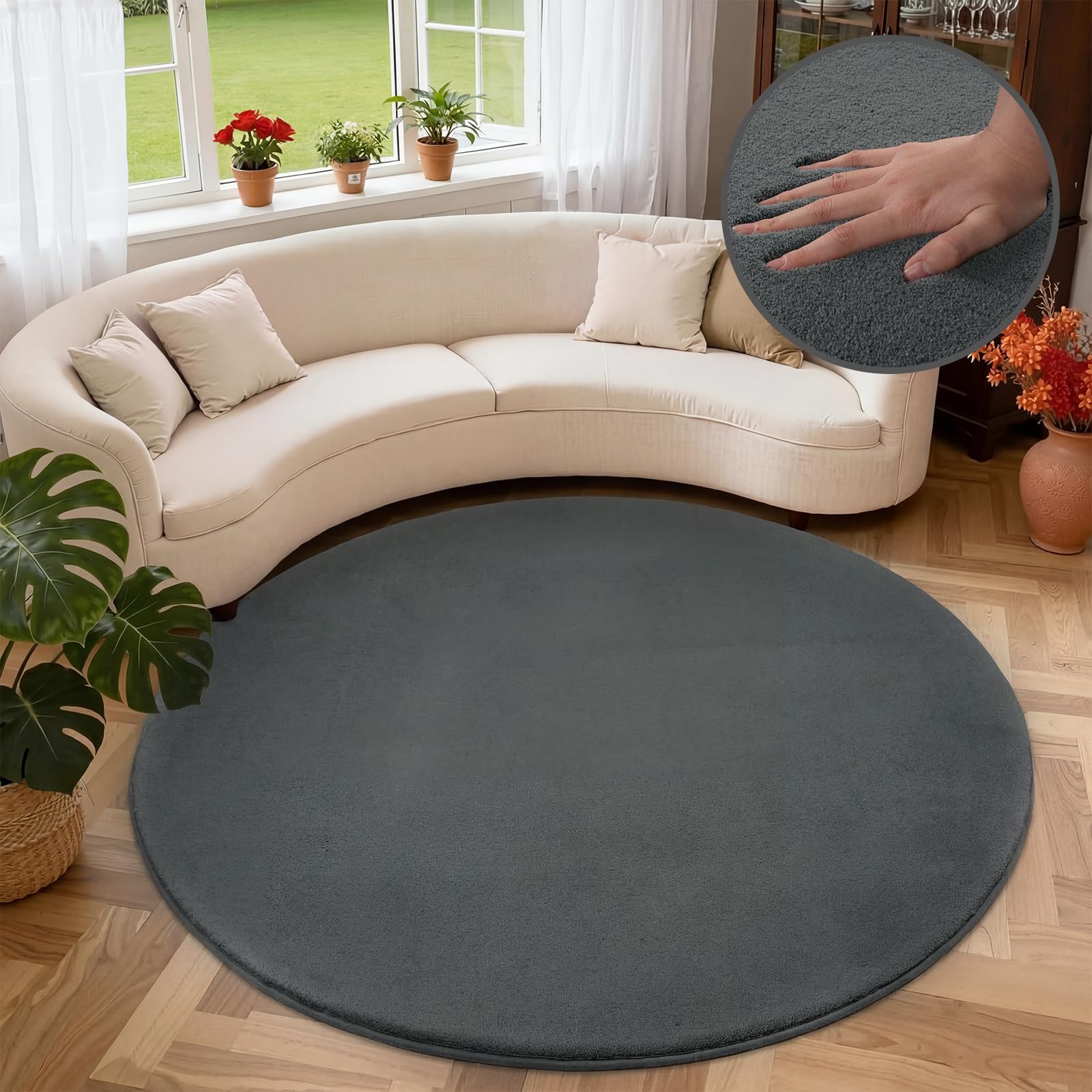 Homcomodar Teppich Rund 160cm Tiefgrau Kurzflor Wohnzimmerteppich Modern Teppich Schlafzimmer Anti-Rutsch Flauschiger Teppiche für Wohnzimmer,Schlafzimmer,Kinderzimmer,Esszimmer,Küchenteppich