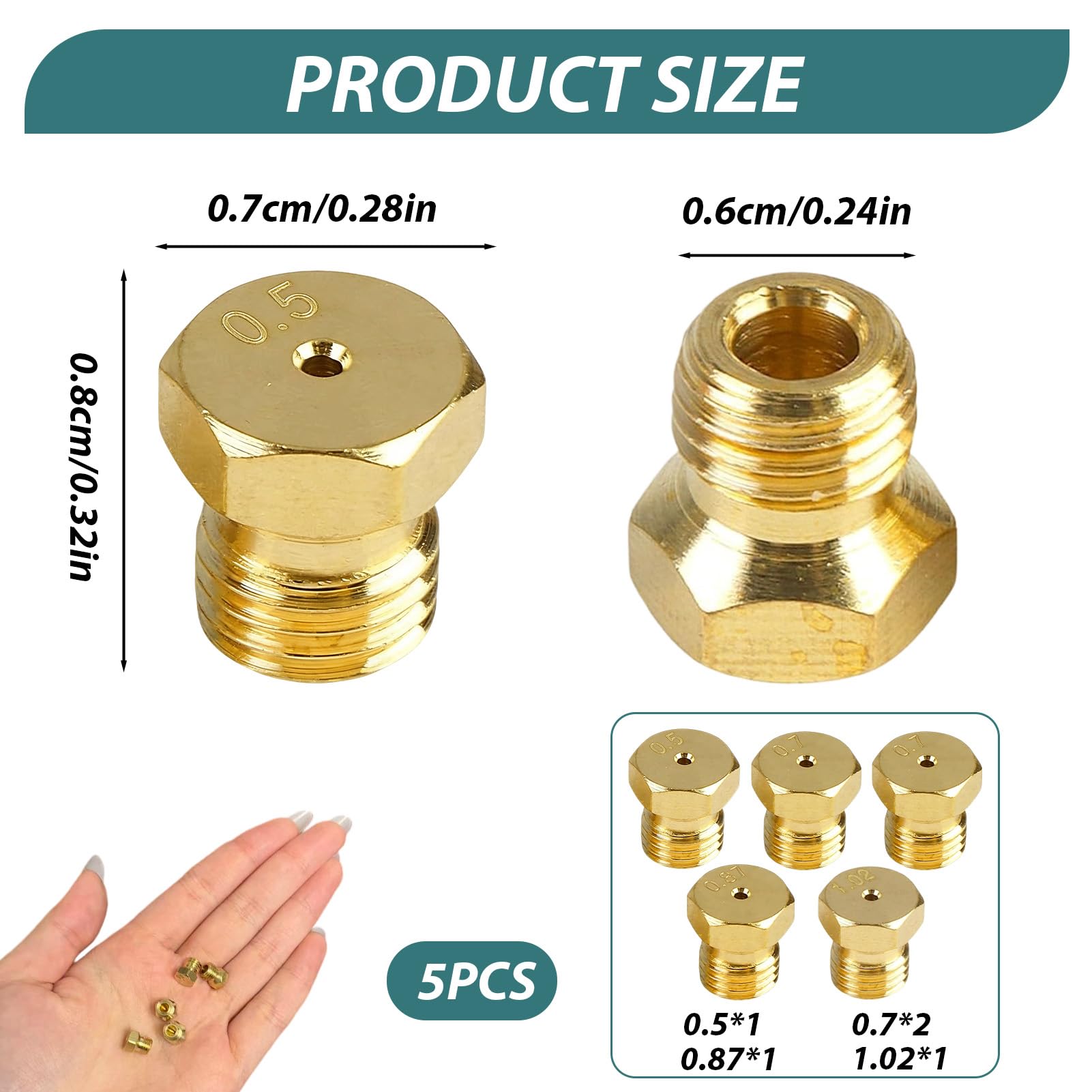 5 Piezas Inyectores Cocina Gas Butano, Inyectores Cocina Gas Butano Universales Boquilla de Repuesto para Encimera - Rosca M6 1x0.5, 2x0.7, 1x0.87, 1x1.02 — view 2