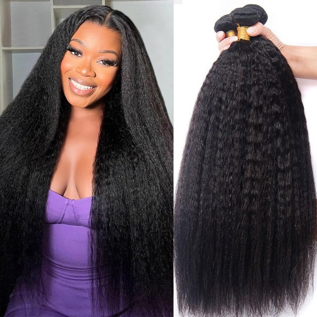 Bele 12A Yaki Straight Human Hair Bundle 20 22 24 inch Brazilian Kinky Straight Human Hair Weave 3 Bundles for Women Natural Color Can be Dyed or Bleached