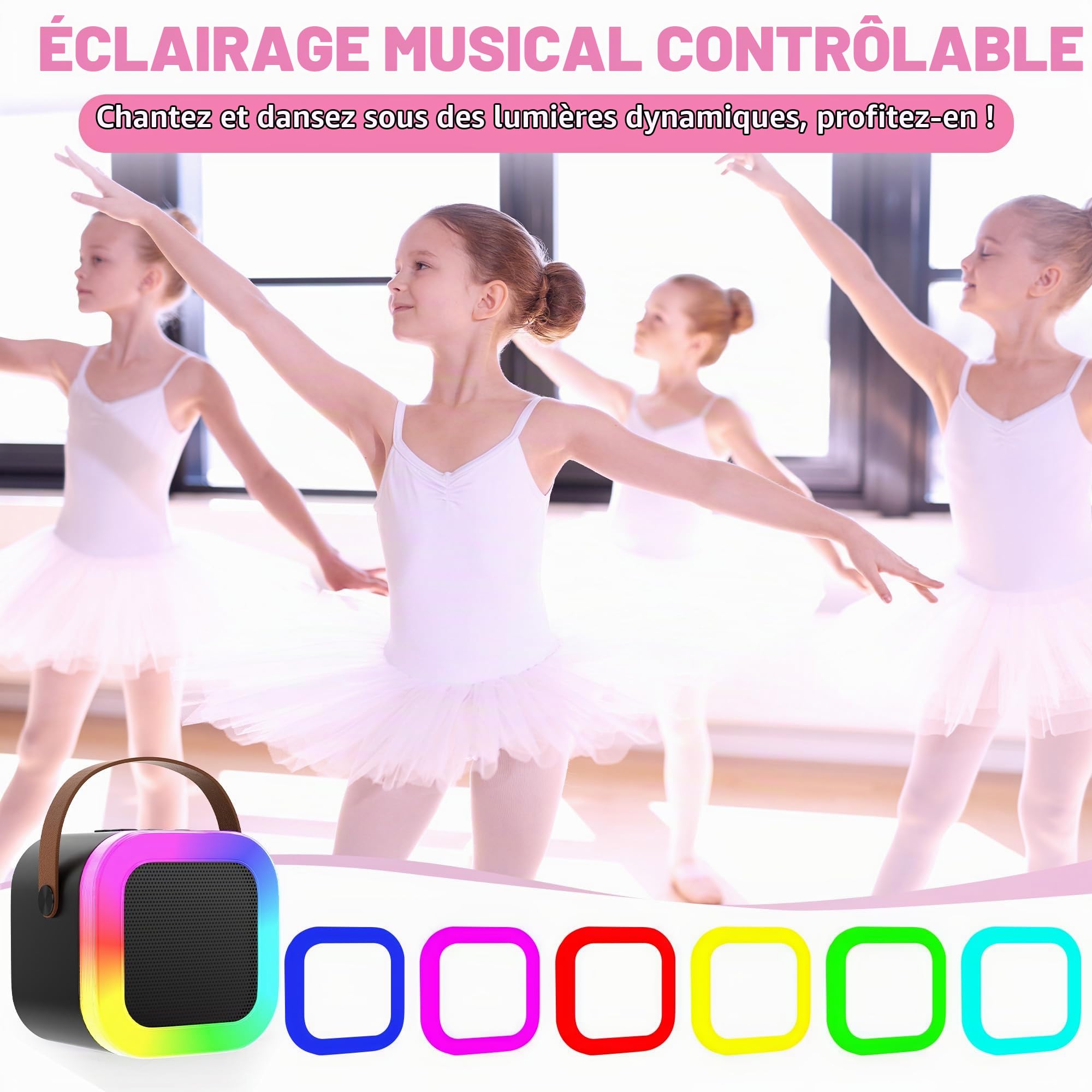Mini Machine de karaoké pour Enfants et Adultes, Haut-Parleur Bluetooth Portable avec 2 Microphones sans Fil, Cadeaux d'anniversaire pour Filles âgées de 4, 5, 6, 7, 8, 9, 10 Ans et（Black）