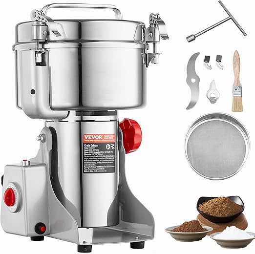 VEVOR 2000g Electric Grain Mill Grinder, High Speed 3400W Commercial Spice Grinders, Stainless Steel Pulverizer Powder Machine, for Dry Grains Spices Cereals Coffee Corn Pepper, Swing Type