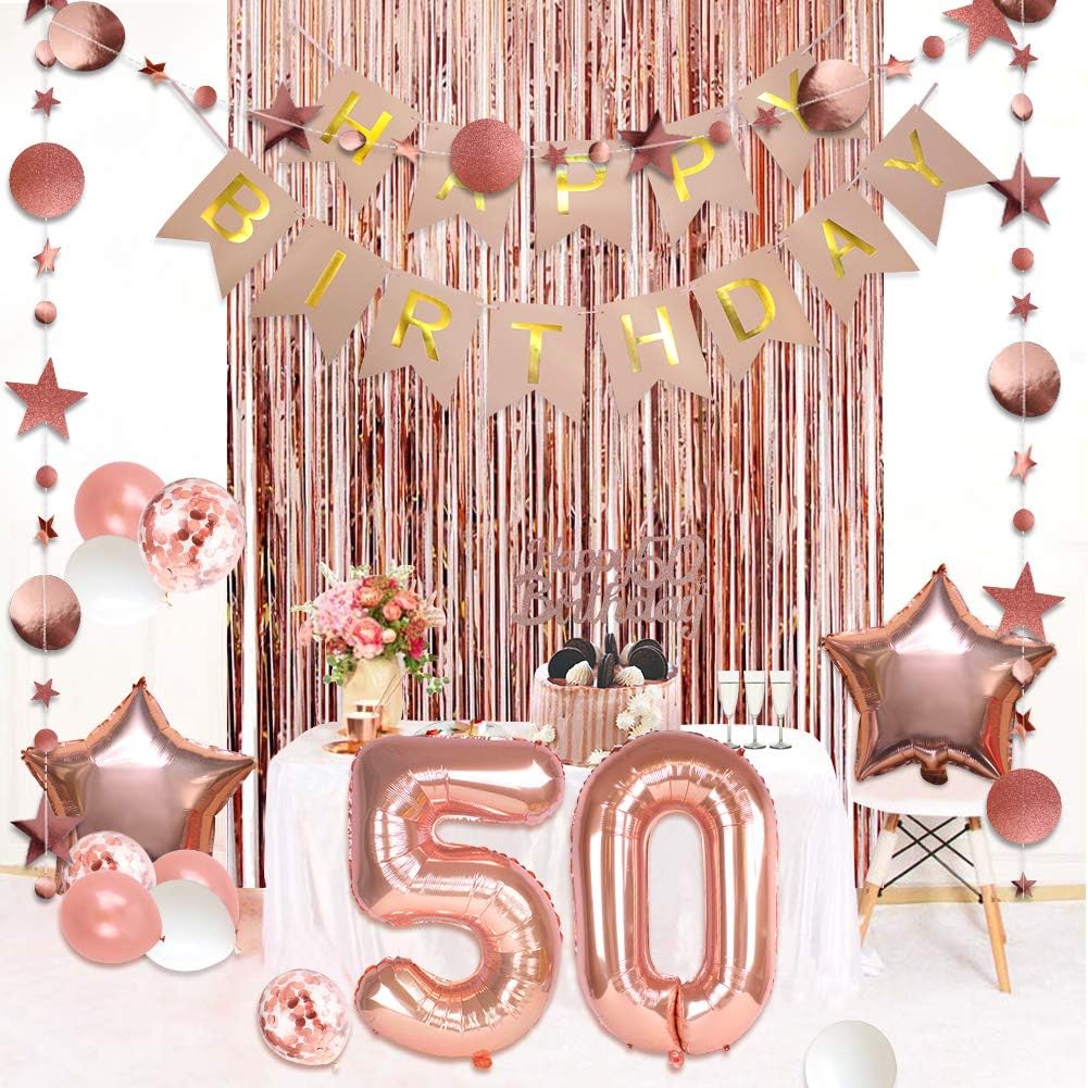 50th Birthday Decorations for Women, Happy Birthday Banner 50th Birthday Cake Topper Rose Gold Curtain Sash 50 Balloon Number for Anniversary Decor Birthday Party Backdrop - Image 7