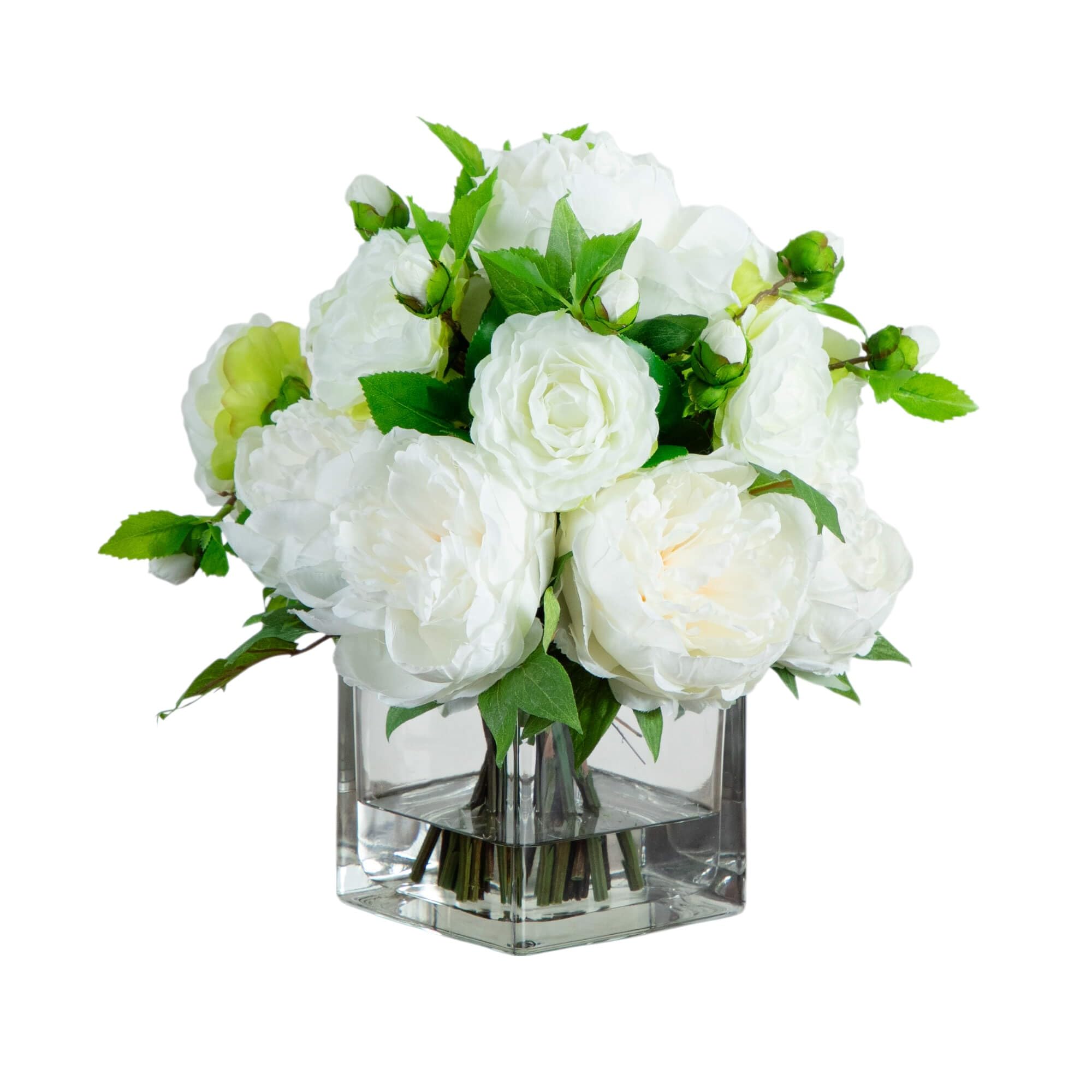 Arrangement artificiel pivoine camélia vase verre bouquet table 33 cm salon