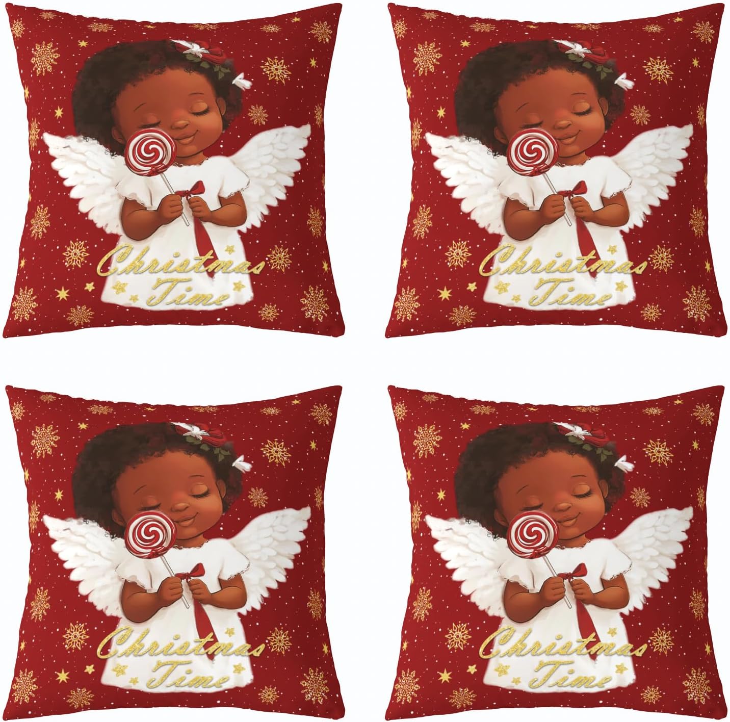Feelyou Christmas Black Girl Throw Pillow Covers Set of 2 African Angle Decorative Pillowcase Merry Christmas Cushion Covers for Sofa Couch Bed Snowflake Cushion Case American Home Decor 24 x 24-Inch