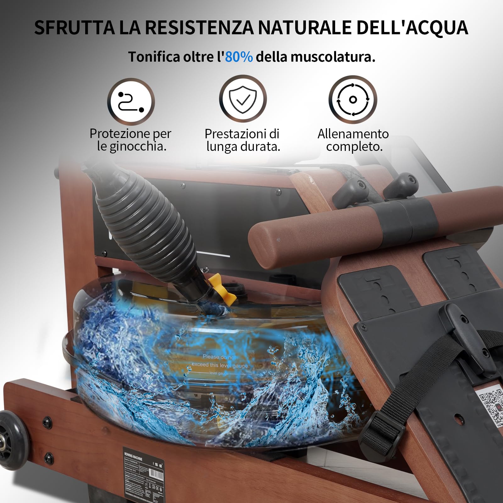 ISE Vogatore ad Acqua per Casa con APP, Vogatore Professionale da Casa con Resistenza all'Acqua Schermo LCD Supporto per Smartphone/Tablet