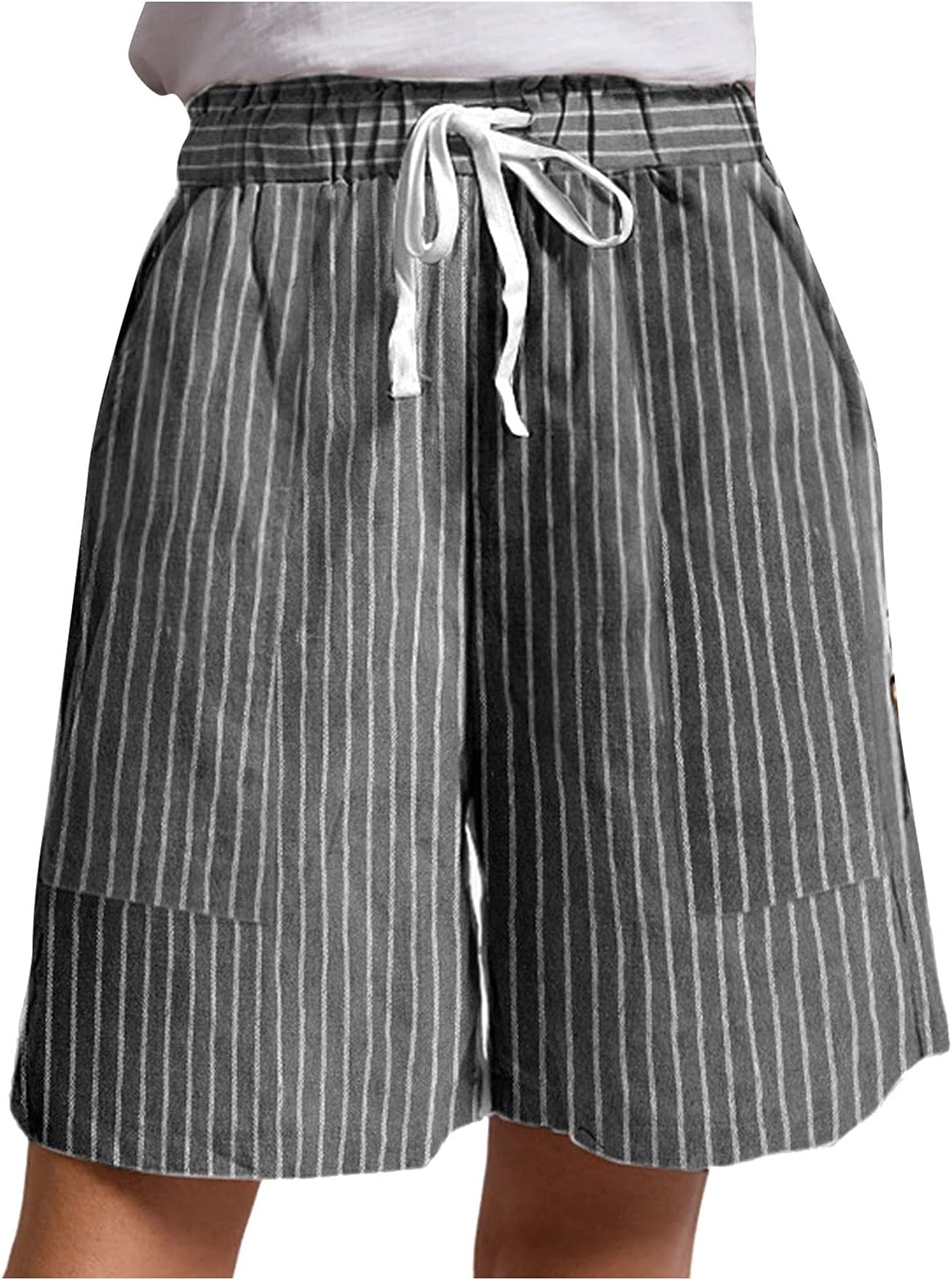 FIRERO Linen Bermuda Shorts for Women Drawstring Loose Fit Elastic Waist Plain Boho Print Comfy Shorts with Pockets
