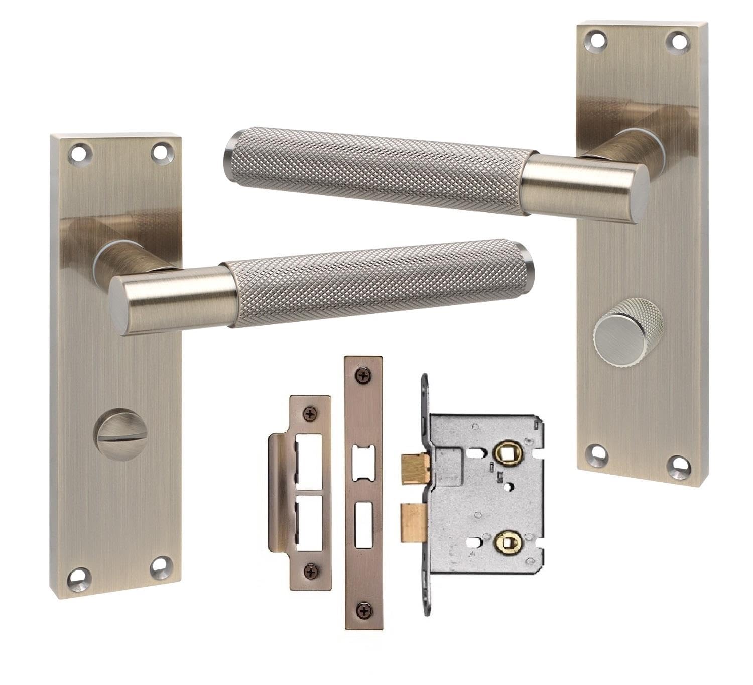 Golden Grace Victorian T-Bar Knurled Bathroom Lock Door Handles with Bathroom Mortise Lock Antique Brass Finish