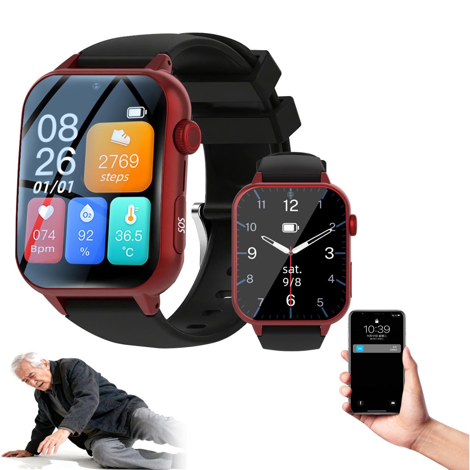 Smartwatch für Senioren mit GPS, Sturzerkennung, Standortverfolgung, Vibration und Ton. Doppelte Erinnerungsfunktion Senioren Red