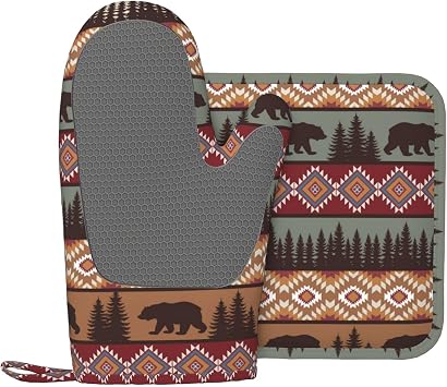 Oven Mitts and Pot Holders Sets, Boho Bear Forest Pattern Heat Resistant Silicone Kitchen Accessories Set Non-Slip Heat Resistant Mittens Potholders for Cooking Baking Grilling BBQ