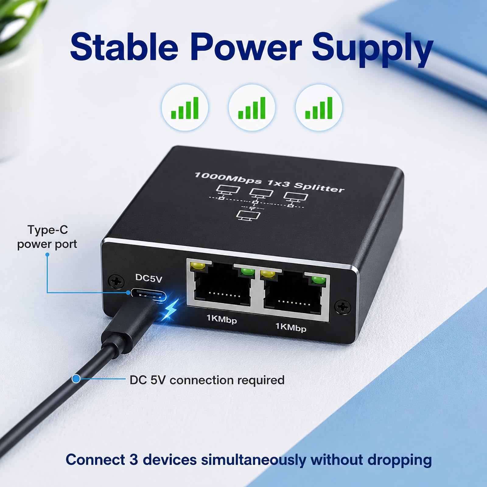 LAN Switch 1 Auf 3, LAN Splitter 1 auf 3 1000Mbps Gigabit Ethernet Verteiler mit Aluminiumgehäuse, RJ45 Splitter USB-C-Stromversorgung Computer, Router, Set-Top Box, Homeoffice, Büro, kompakt tragbar